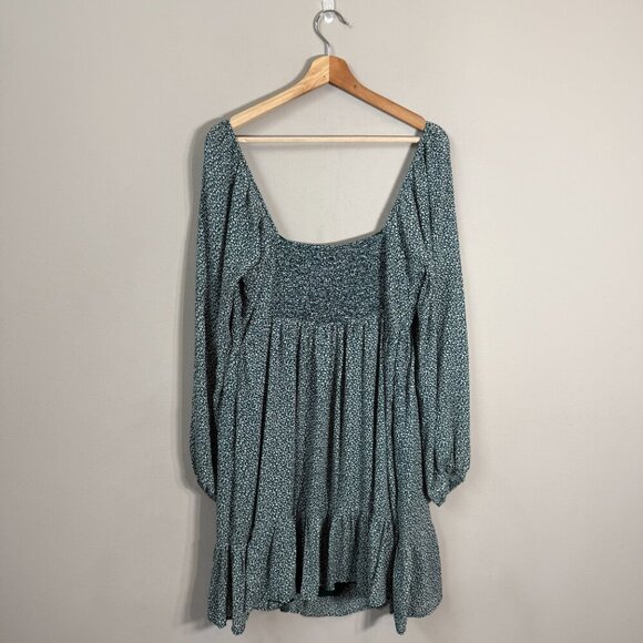 Abercrombie & Fitch Floral Smocked Ruffle Mini Dress Women's Large Tall LT Green - Picture 3 of 11